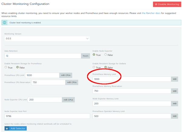 Rancher 2 Prometheus Monitoring Limit Settings