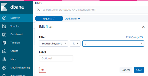 Kibana changing filter field to request.keyword