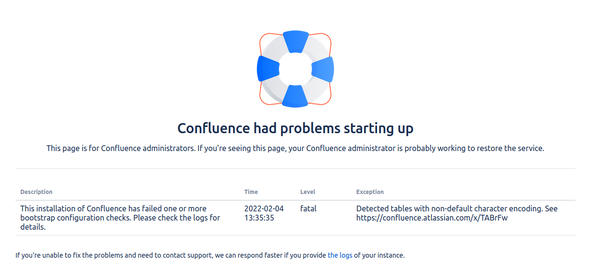 Confluence not starting up due to wrong character encodings detected in database tables