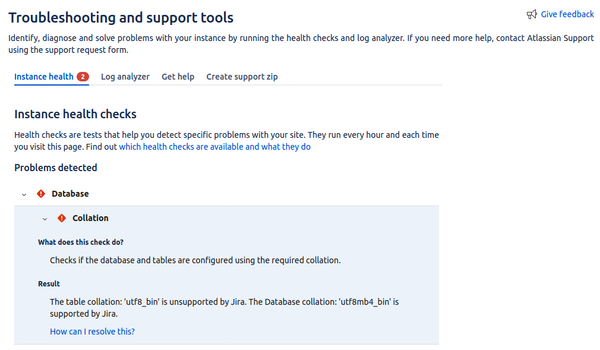 Jira health check database error: unsupported table collation utf8_bin