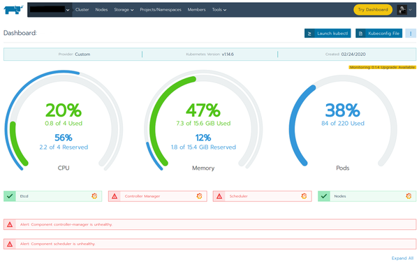 Rancher 2 User Interface shows alerts on Kubernetes cluster overview