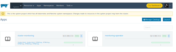 cluster-monitoring and monitoring-operator apps appear green