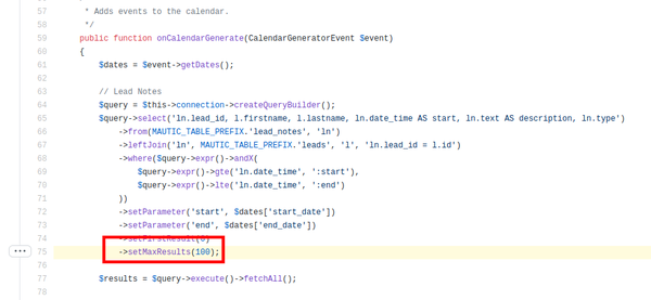 Mautic calendar MaxResults set to 100