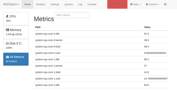 NSclient++ user interface showing system metrics