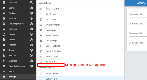 Missing Account Management settings in Invoice Ninja v5