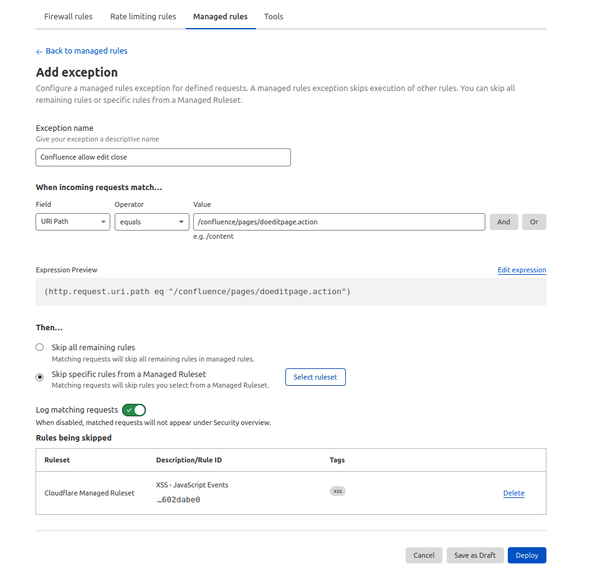 Add exception rule in Cloudflare WAF