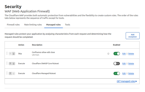 Cloudflare managed rules with exception rule at top