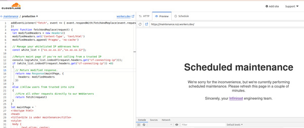 Cloudflare worker service preview, showing maintenance page