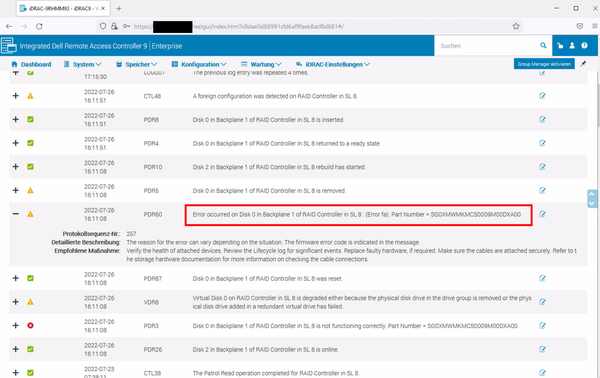 iDRAC event logs show an error on the storage controller backplane