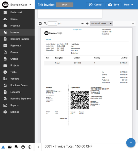 Swiss QR Bill in Invoice Ninja