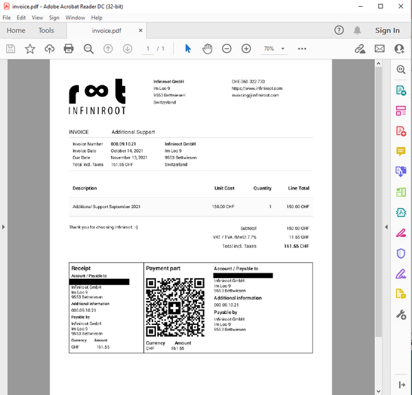 Swiss QR Code in invoice PDF, created by Invoice Ninja