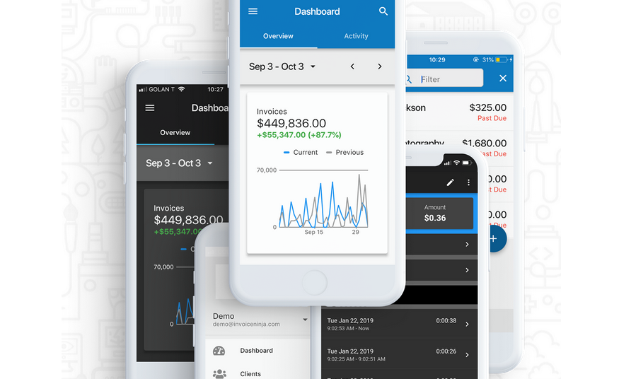 Invoice Ninja application shown in mobile devices
