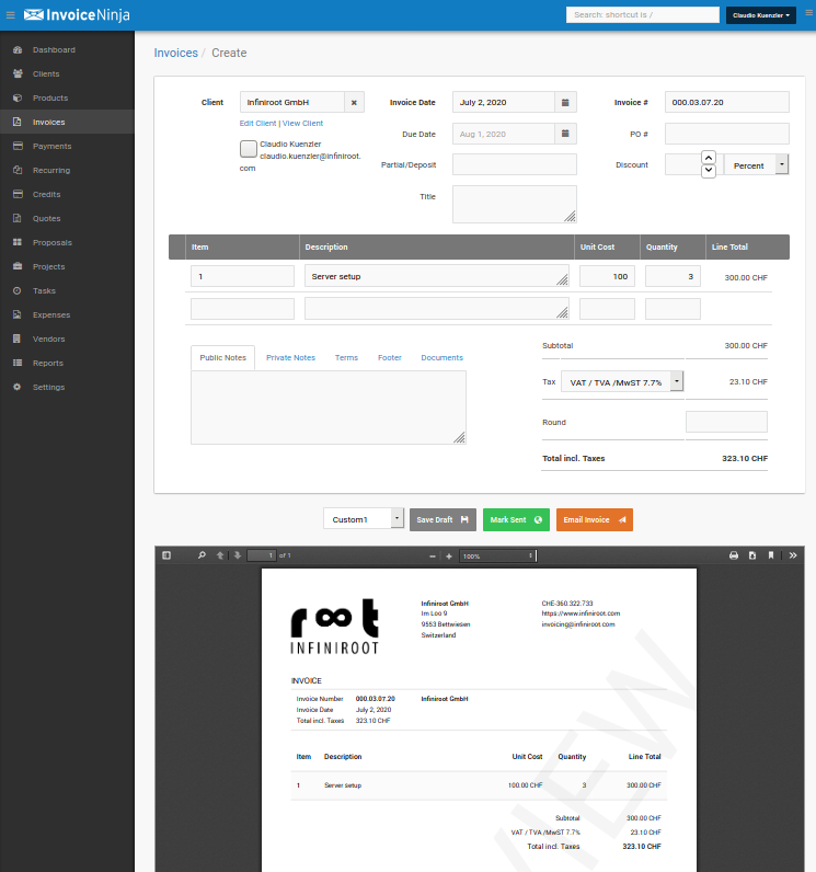 Creating an invoice in InvoiceNinja